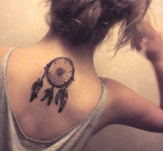 Black Ink Dreamcatcher Tattoo On Girl Upper Back