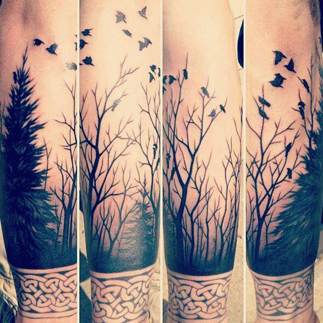 Black Ink Nature Scene Tattoo Design For Arm