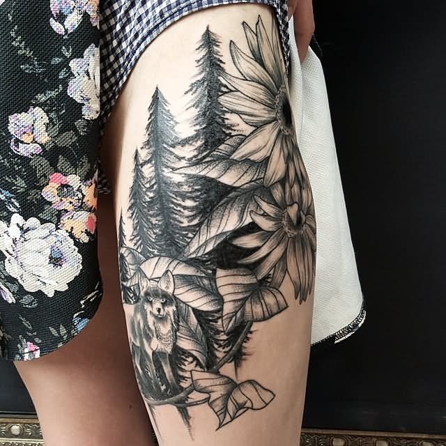 Black Ink Nature Trees With Wolf And Flowers Tattoo On Girl Thigh