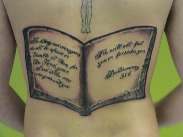 Black Ink Open Bible Book Tattoo On Full Back