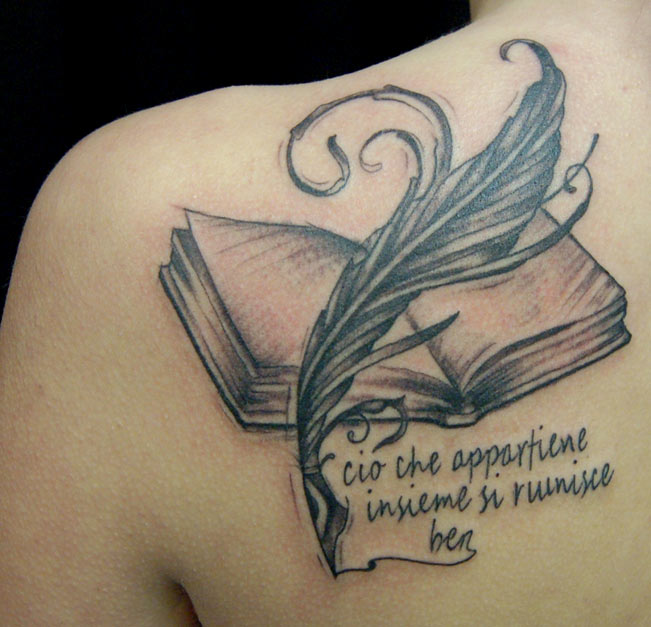Black Ink Open Book With Feather Tattoo On Left Back Shoulder