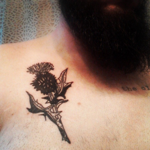 Black Ink Thistle Flower Tattoo On Man Right Front Shoulder