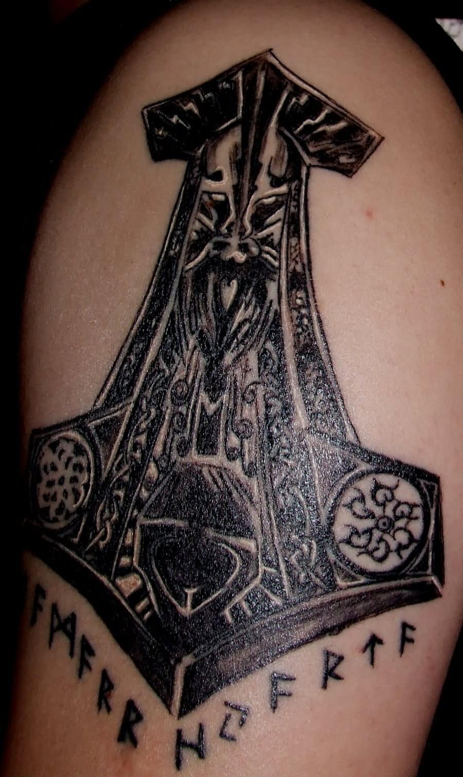 Black Ink Thor Hammer Symbol Tattoo Design For Shoulder By Drecu Dreculea