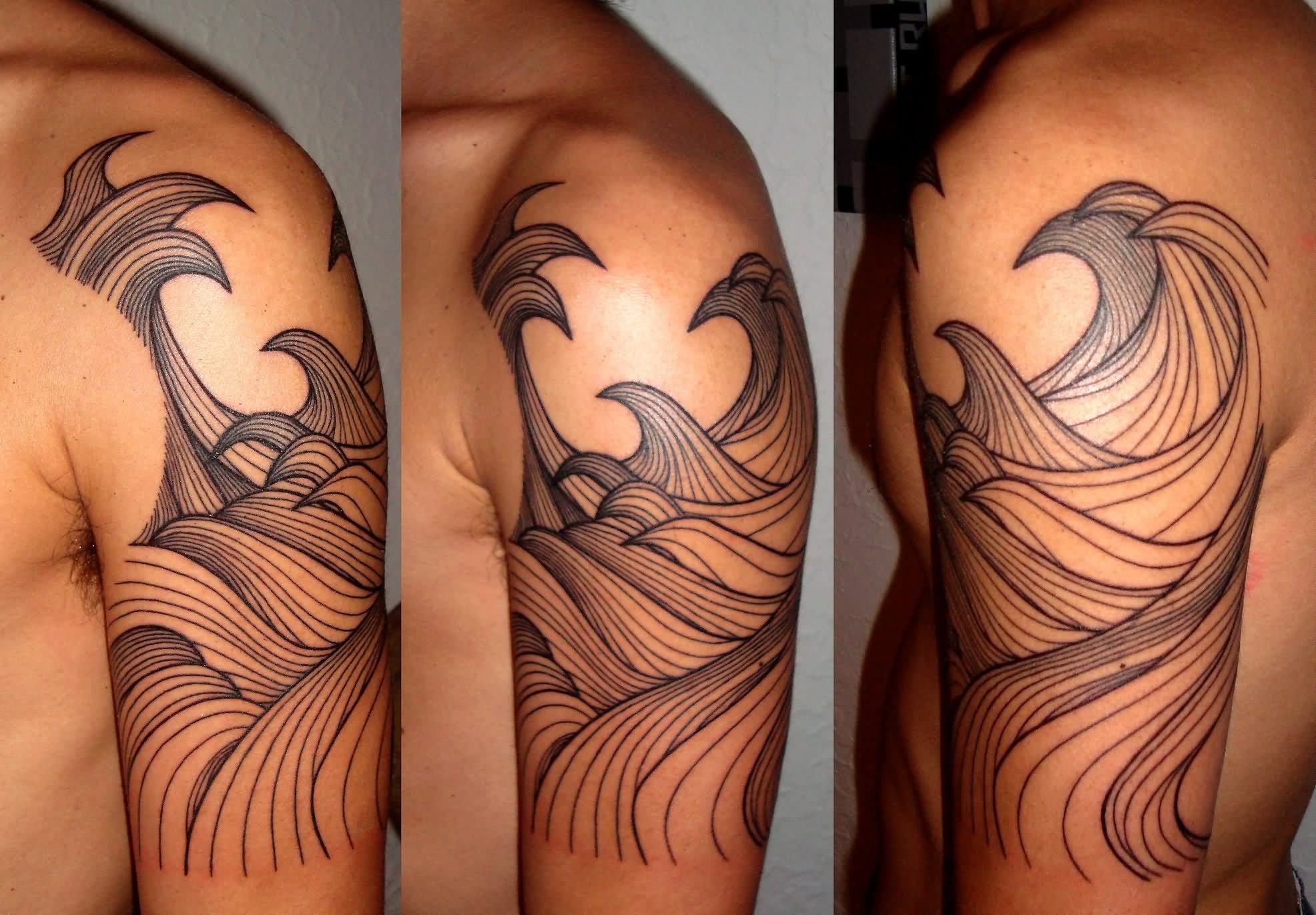 Black Ink Wave Tattoo On Man Left Half Sleeve By Nicole