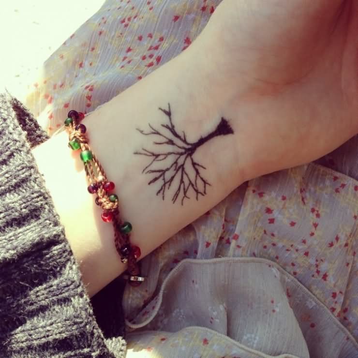 Black Nature Tree Without Leaves Tattoo On Wrist