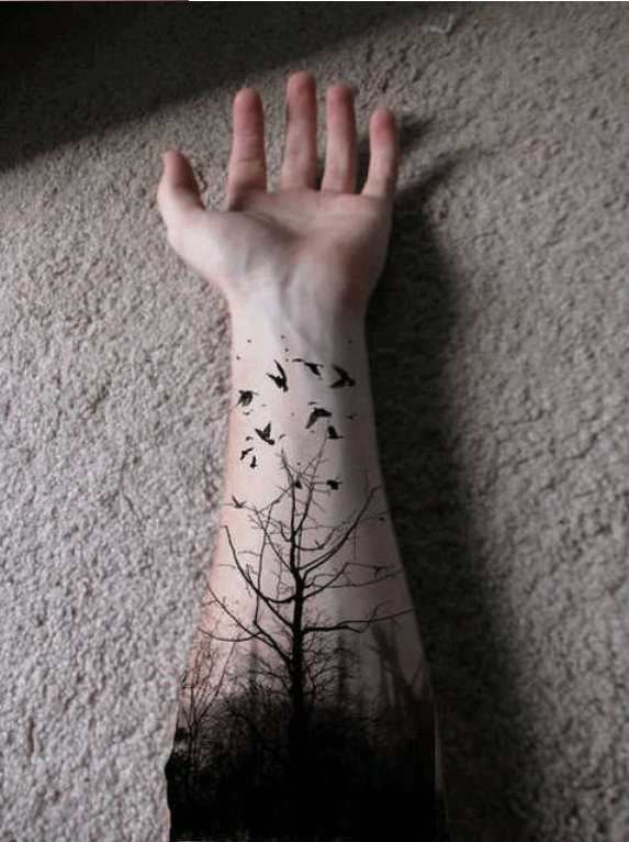 Black Nature Trees With Flying Birds Tattoo On Forearm