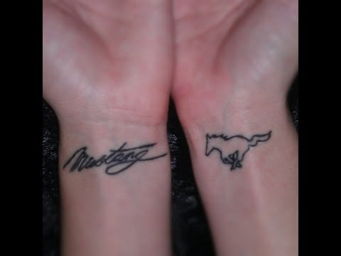 Black Outline Mustang And Mustang Lettering Tattoo On Both wrist