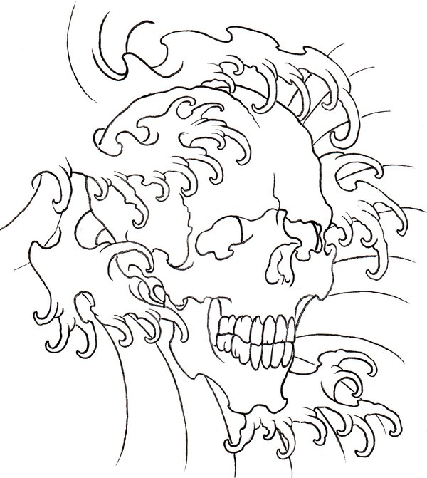 Black Outline Skull With Water Wave Tattoo Stencil By Arnt Erik Hedman