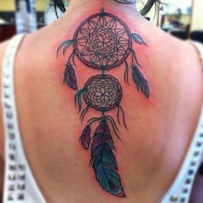 Blue Feathers And Dreamcatcher Tattoo On Upper Back