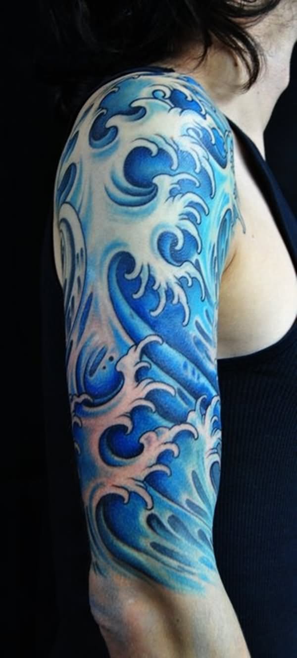 Blue Ink Water Wave Tattoo On Right Half Sleeve