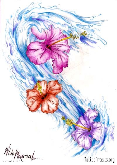 Blue Ink Wave With Flowers Tattoo Design