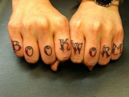 Book Worn Lettering Tattoo On Fingers