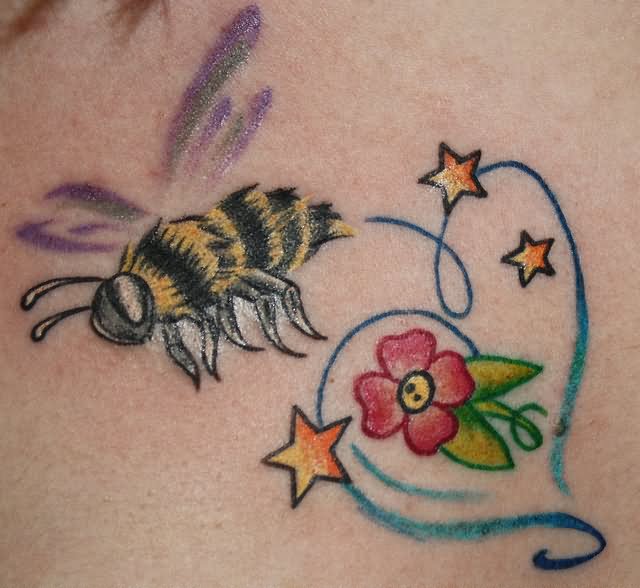 Bumblebee With Flower And Star Tattoo Design By CherryBomb