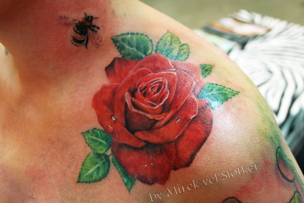 Bumblebee With Rose Tattoo On Shoulder By Mirek Vel