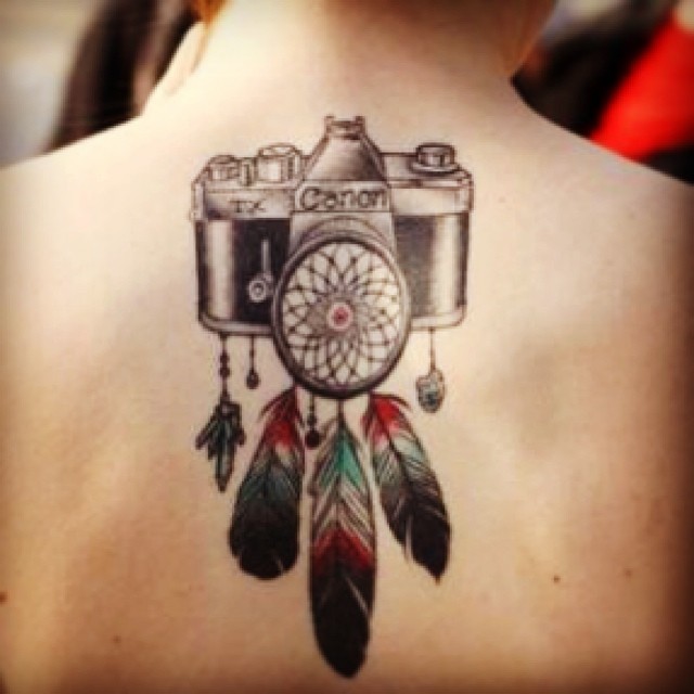 Camera And Dreamcatcher Tattoo On Back Body