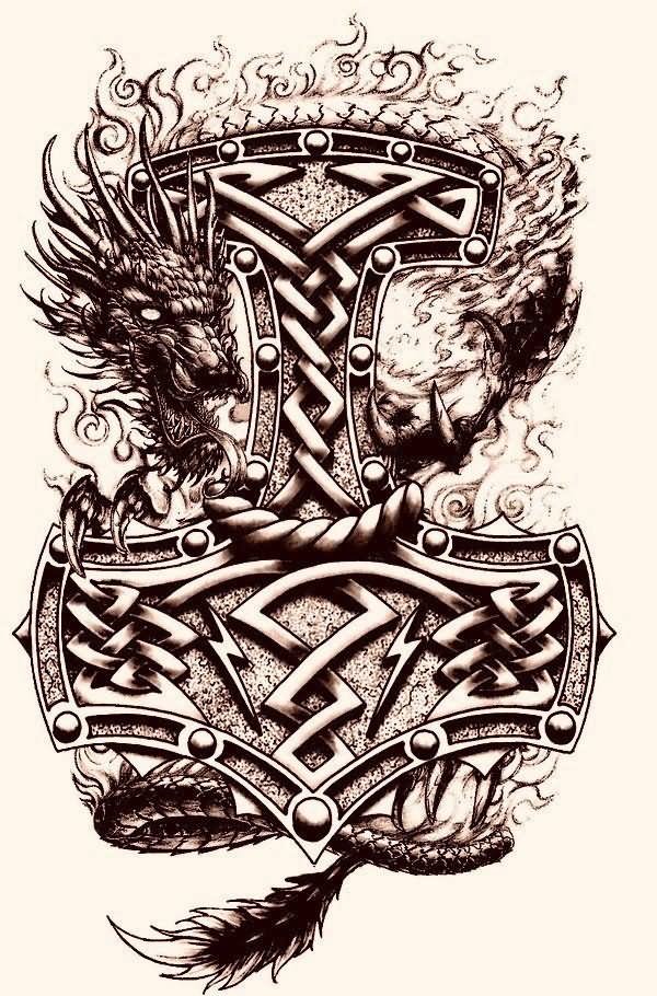 Celtic Thor Hammer Symbol With Dragon Tattoo Design