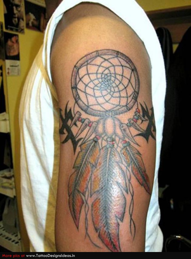 Color Ink Feathers Dreamcatcher Tattoo On Left Half Sleeve