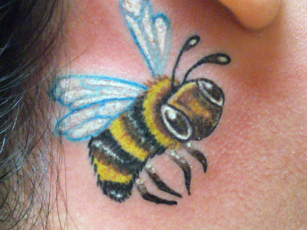 Colorful Bumblebee Tattoo On Behind The Ear