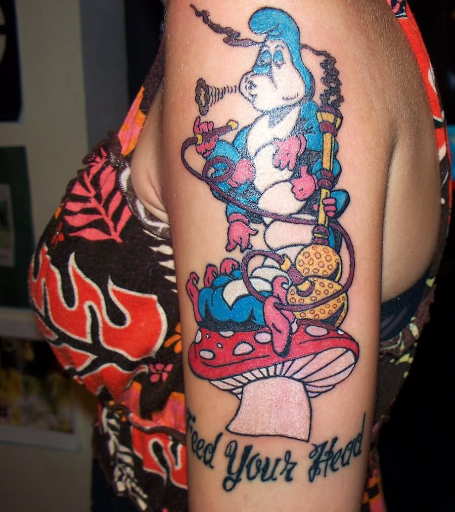 Colorful Cartoon Caterpillar With Mushroom Tattoo On Girl Left Half Sleeve  By Ashley