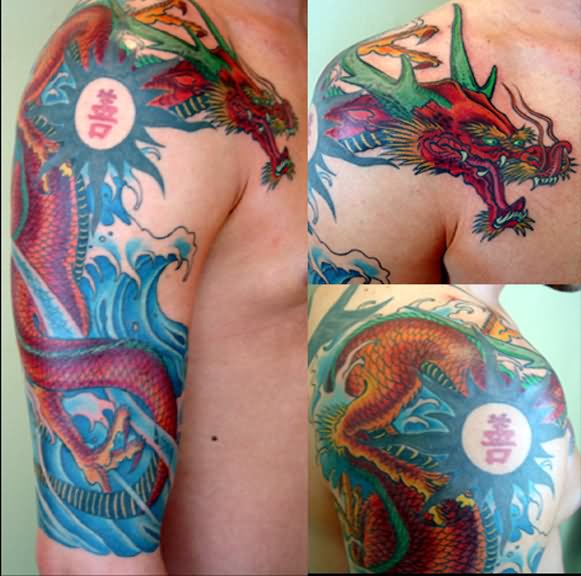 Colorful Dragon In Water Tattoo On Man Right Half Sleeve