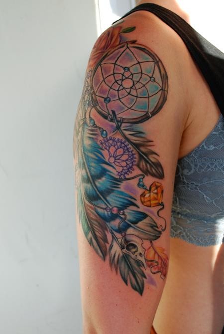 Colorful Dreamcatcher Tattoo On Girl Right Half Sleeve