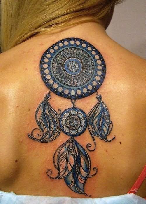 Colorful Dreamcatcher Tattoo On Girl Upper Back