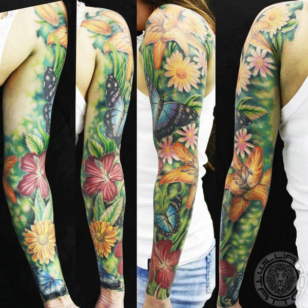 Colorful Nature Flowers With Butterfly Tattoo On Girl Left Full Sleeve By William