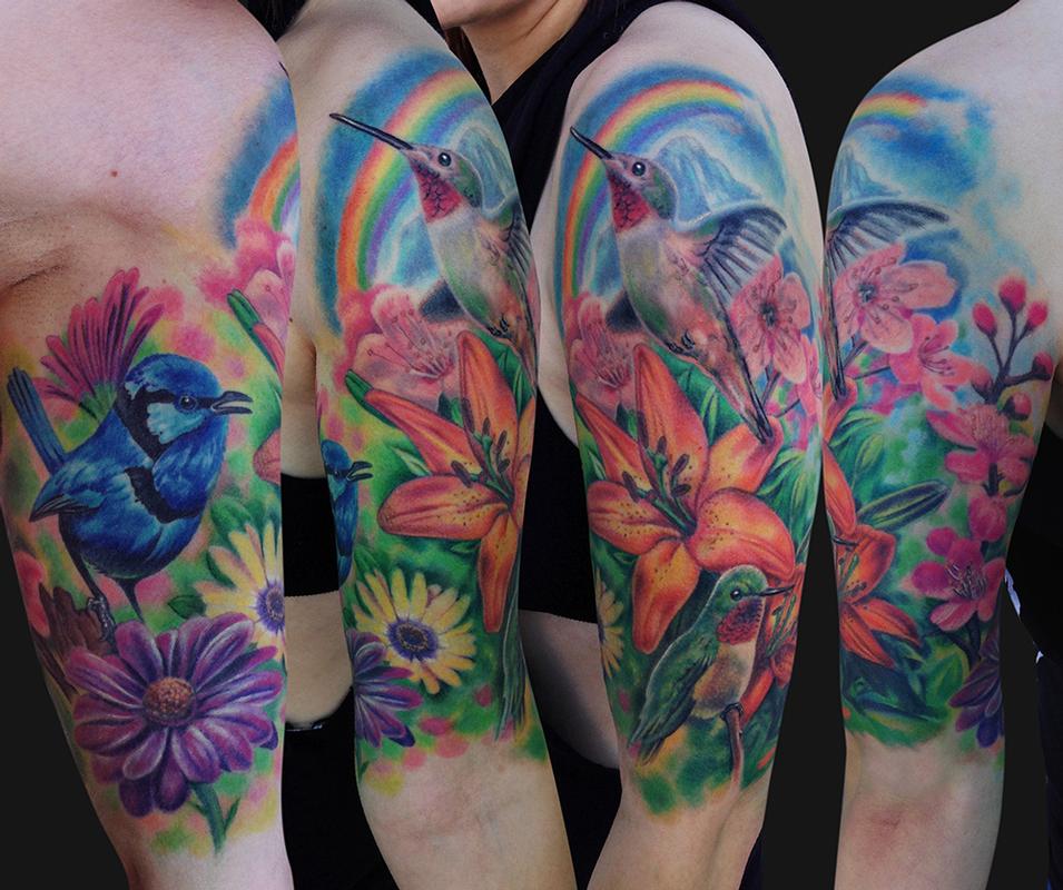 Colorful Nature Flowers With Bird Tattoo On Left Half Sleeve