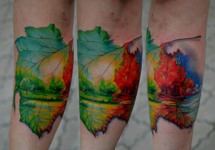 Colorful Nature Scene In Maple Leaf Tattoo On Forearm