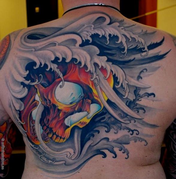 Colorful Skull In Waves Tattoo On Man Upper Back By Evil Twins