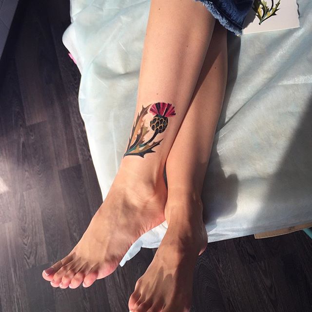 Colorful Thistle Flower Tattoo On Leg By Sasha Unisex