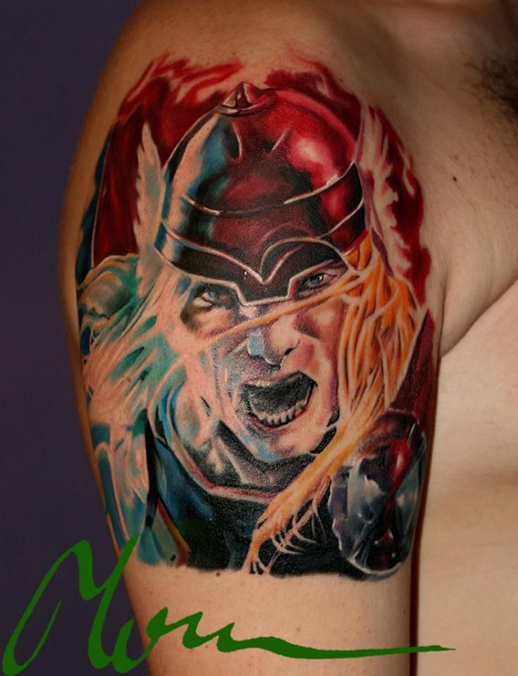 Colorful Thor Face Tattoo On Man Right Shoulder