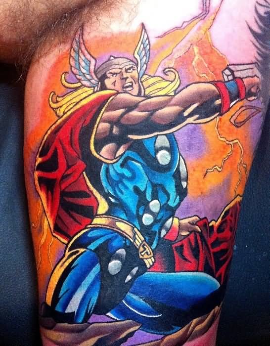 Colorful Thor Tattoo Design For Bicep