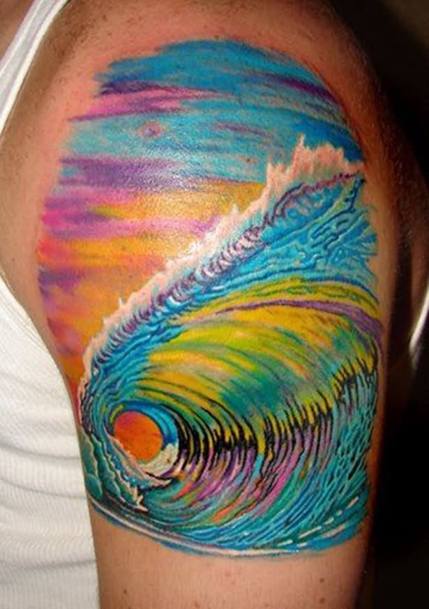 Colorful Wave Tattoo On Left Shoulder