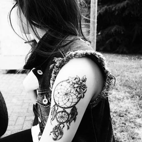 Flowers And Dreamcatcher Tattoo On Left Half Sleeve