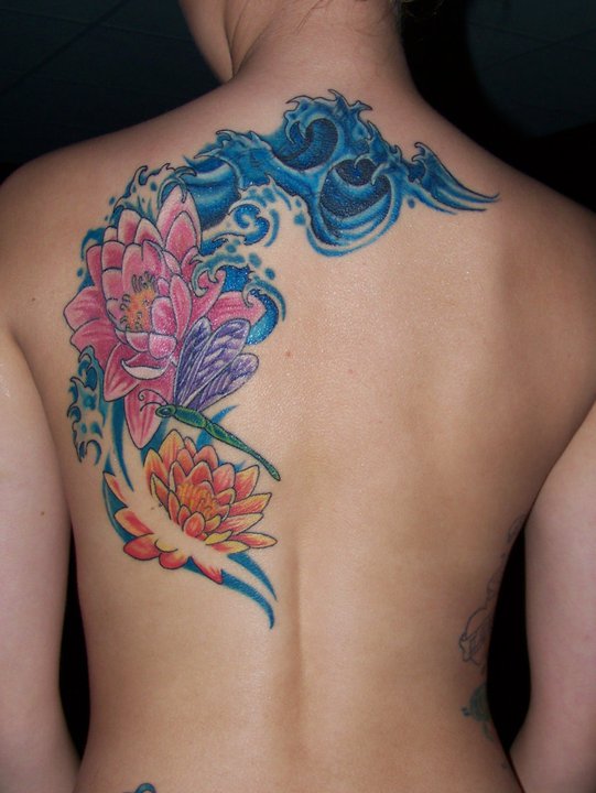 Flowers In Water Tattoo On Upper Back