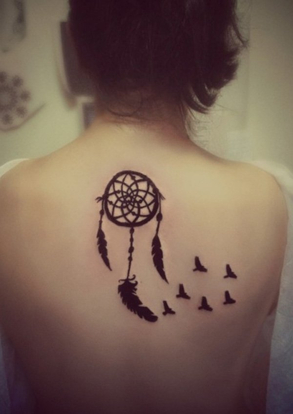 Flying Birds And Dreamcatcher Tattoo On Back For Girls