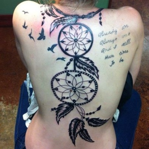 Flying Birds And Dreamcatcher Tattoo On Full Back