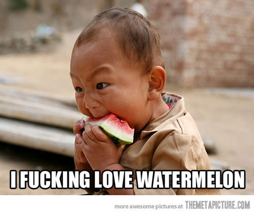 Funny Asian Kid Eating Watermelon