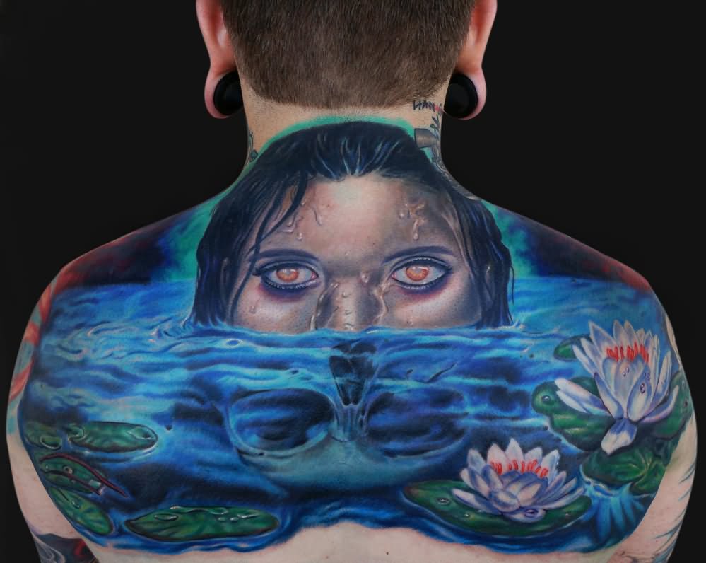 Girl Face In Water Tattoo On Man Upper Back.