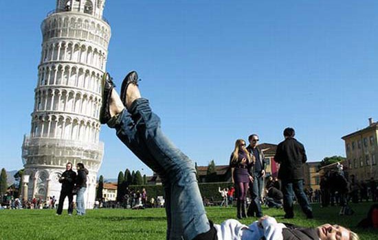 Girl Hold Pisa Tower With Feet Funny Unusual Angle