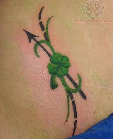 Green Ink Four Leaf With Arrow Tattoo Design