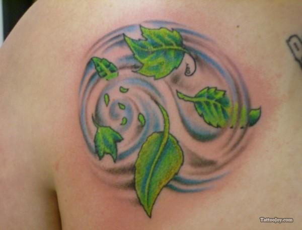 Green Leaf Tattoo On Left Back Shoulder
