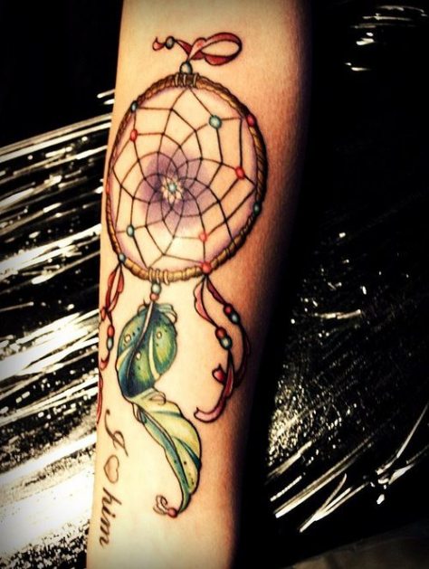 Green Leave And Dreamcatcher Tattoo On Arm