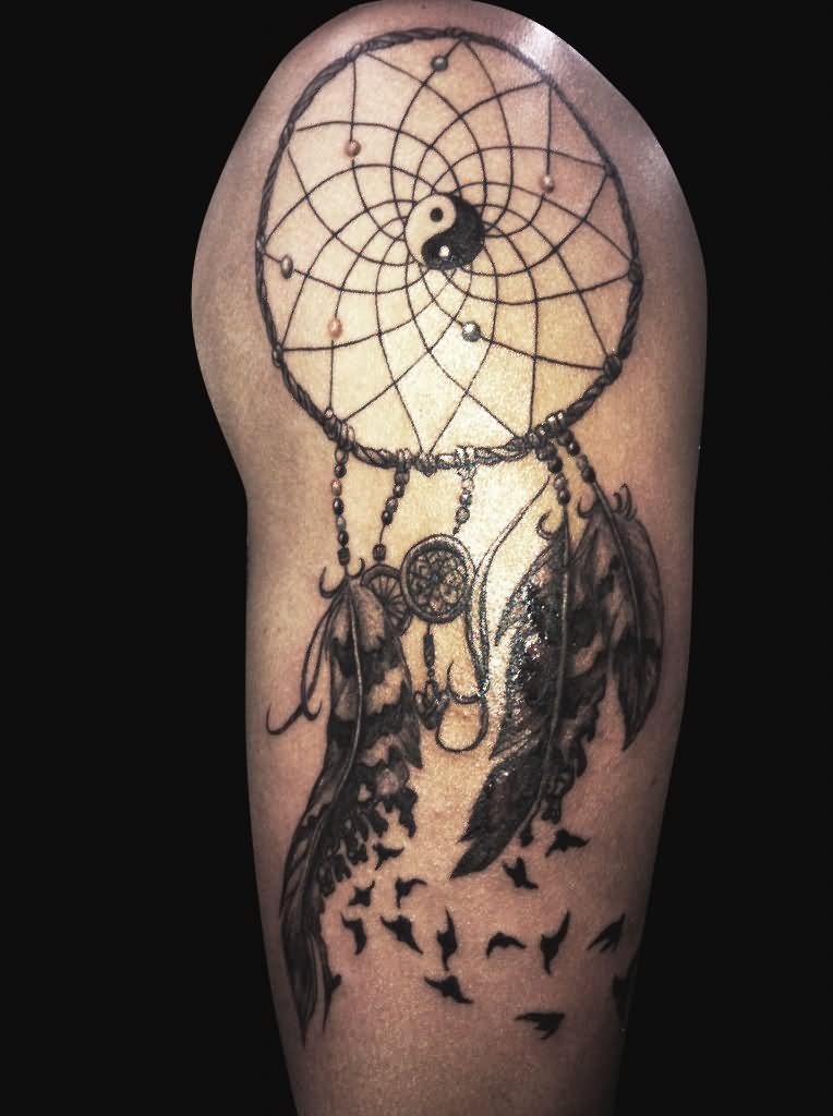 Grey And Black Dreamcatcher Tattoo For Arm
