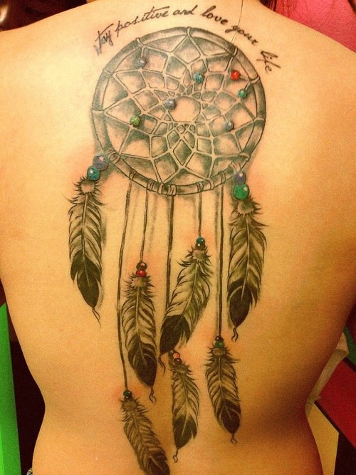 Grey And Black Dreamcatcher Tattoo On Full Back Body