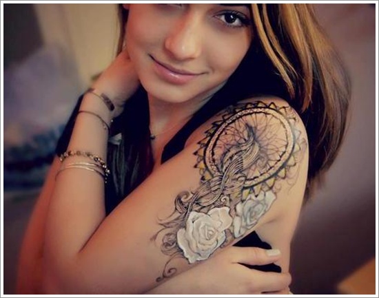 Grey Dreamcatcher Tattoo On Girl Left Arm Sleeve