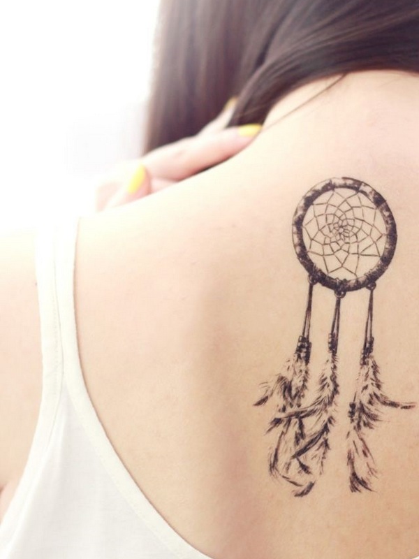 Grey Dreamcatcher Tattoo On Girl Upper Back
