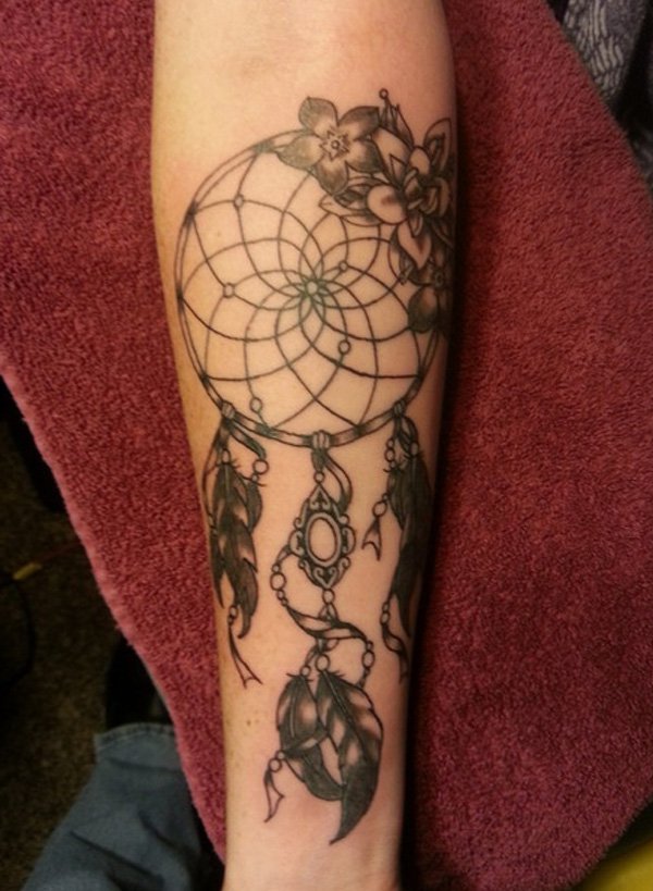 Grey Ink Dreamcatcher Tattoo On Arm Sleeve