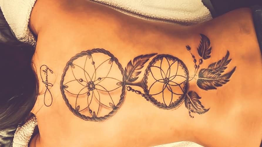 Grey Ink Dreamcatcher Tattoo On Girl Full Back Body